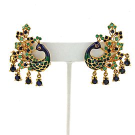 6ct Sapphire & Emerald Enamel 22k Yellow Gold Peacock Post Clip Earrings