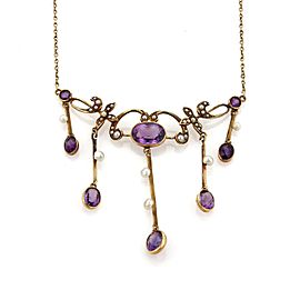 Victorian 4ct Amethyst & Seed Pearl 14k Rose Gold Floral Pendant Necklace