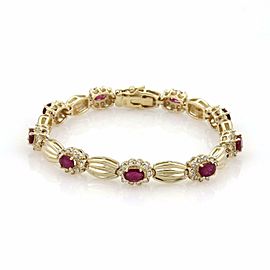 Estate 7.80ct Ruby & Diamond 14k Yellow Gold Fluted Oval Link Bracelet