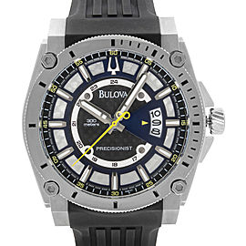 Bulova Precisionist Steel Black Silver Dial Rubber Band Quartz Mens Watch