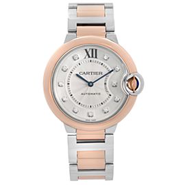 Cartier Ballon Bleu 36mm Steel 18k Rose Gold Diamond Dial Womens Watch W3BB0018