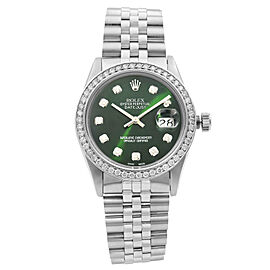 Rolex Datejust Steel 1.20Cttw Custom Diamond Green Dial Mens 1984 Watch