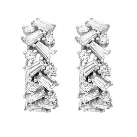 True Baguette & Round Cut Diamonds Huggie Earrings 18K White Gold