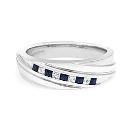 True Love Princess Cut Blue Sapphire Diamond Mens Band Ring 14K White Gold