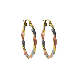 14k Tri-Color Gold Satin and Twist Hoop Earrings