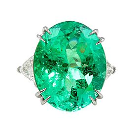 Platinum Colombian Oval Green Emerald Diamond 3 Stone Ring