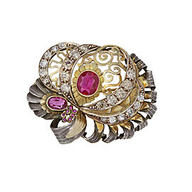 Sterling Silver 18k Yellow Gold 22 Diamonds 9 Pink Stones Brooch