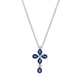 Rachel Koen White Gold Round Cut Diamond Blue Sapphire Cross Pendant Necklace