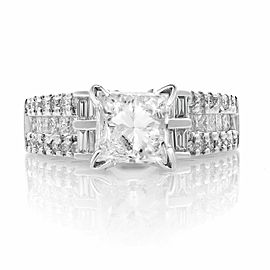 True 18K White Gold Princess W/Baguettes & Round Cut Diamonds Ring