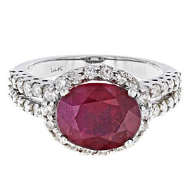 Rachel Koen Oval Ruby 4.15cts Diamond Halo Split Shank Ring 14K White Gold