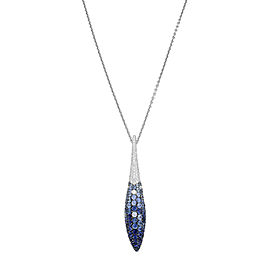 Salavetti White Gold Diamonds Blue Sapphire Pendant With Chain 0.28 Cttw