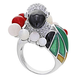 Estate Parrot Bird 18K White Gold Diamond Coral Ring 1.95 Cttw Size 7