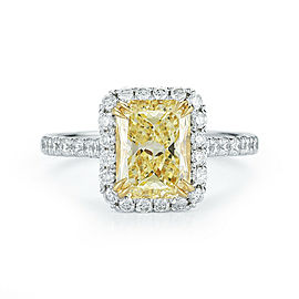 True Fancy Yellow Radiant Cut Halo Diamond Engagement Ladies Ring Platinum 2.14cts