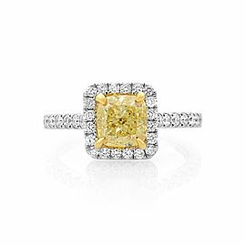 True 18K White Gold Fancy Yellow Diamond Ring with Halo 1.36cts Size 6.5