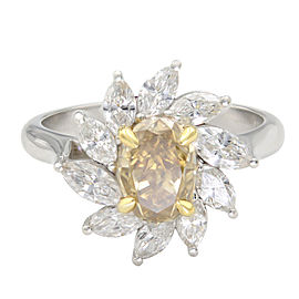 True Platinum Brownish Yellow Oval & White Marquise Halo Diamond Cocktail Ring 1.39ct