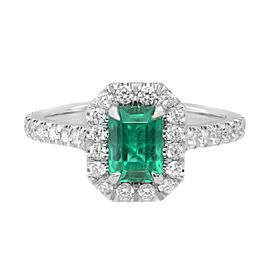 Platinum Colombian Vivid Green 0.90Ct Emerald Diamond Halo Engagement Ring