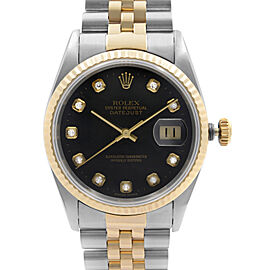 Rolex Datejust 36mm Steel Gold No Holes Case Black Diamond Dial Mens Watch