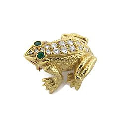 18k Yellow Gold 1.18ct Diamond & Emerald 3D Sitting Frog Brooch Pin