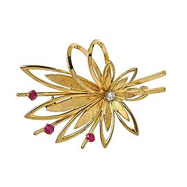 Tiffany & Co. Vintage 14k Yellow Gold & Ruby Floral Sprig Brooch Pin Germany