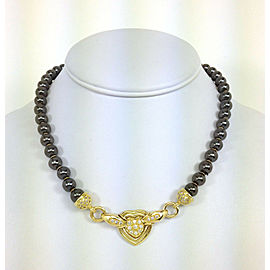 18k Yellow Gold Diamond & Hematite Beaded Heart Motif Necklace