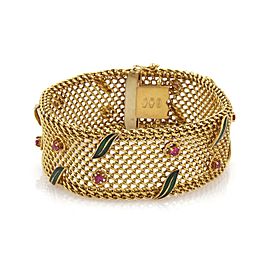 Vintage 2ct Ruby 18k Yellow Gold Wide Mesh Floral Leaf Bracelet