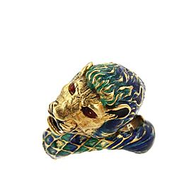 Vintage 18kt Yellow Gold & Multi-Color Enamel Leo Lion Head Bypass Ring