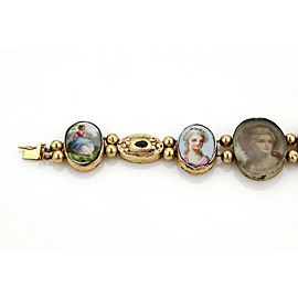 Antique 14k Gold Hand Painted Porcelain & Gems Women Cameo Oval Slide Bracelet