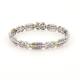 Estate 14K White Gold Diamond & Rainbow Sapphire Link Bracelet