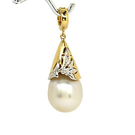 Estate South Sea Pearl & Diamond 18k Yellow Gold Cone Shape Pendant