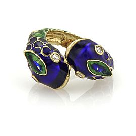 Estate Diamond 14k Yellow Gold Blue & Green Enamel Snake Bypass Ring Size 5