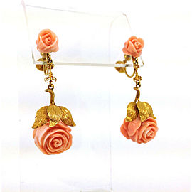 Vintage Estate 14k Y/Gold Intricate Hand Carved Coral Roses Drop Dangle Earrings