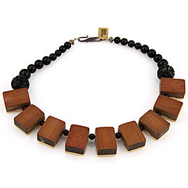 Antique Sterling Silver Wooden Mahjong Tile Necklace w/ Carved Obsidian & Onyx