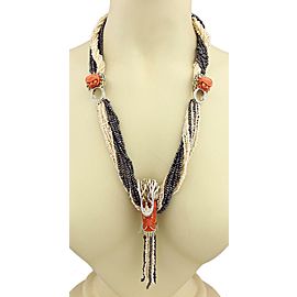 Estate 2.40ct Diamond Coral Dragon Foo Dogs14k Gold Multi-Strand Pearl Necklace