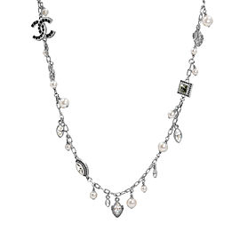 Chanel CC Logo Crystal Pearl Silver Ladies Long Necklace