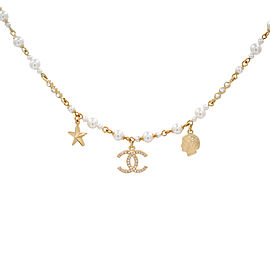 Chanel CC Logo Crystal and Pearl Star Necklace Gold Tone