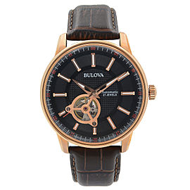 Bulova Classic Rose-Gold Steel Black Skeletal Dial Automatic Mens Watch 97A109