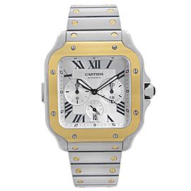 Cartier Santos 18k Yellow Gold Steel Chronograph Silver Dial Mens Watch