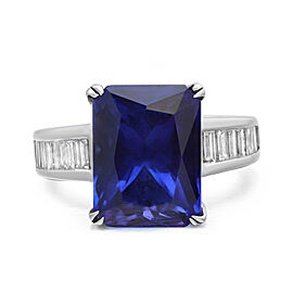 True 8.47Cts Emerald Cut Tanzanite 1.00Cts Diamond Ring