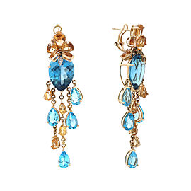 True Blue Topaz Citrine & Diamond Long Dangle Ladies Earrings 14K Yellow Gold