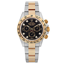 Rolex Daytona 18K Yellow Gold Steel Diamond Black Dial Mens Watch