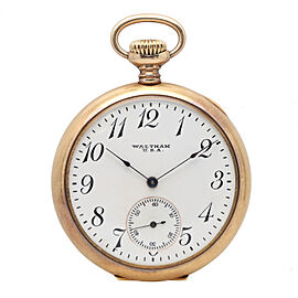 Vintage Waltham Antique 45mm 18k Gold White Dial Hand Wound Pocket Watch