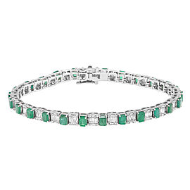 True Green Emerald & Diamond Tennis Bracelet 14K White Gold 7 Inches