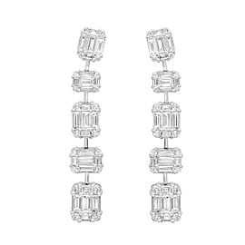 True Baguette & Round Cut Diamond Drop Earrings 18K White Gold