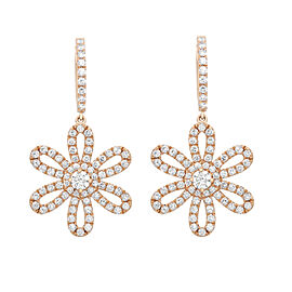 True Round Cut Diamond Flower Drop Earrings 18K Yellow Gold