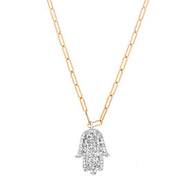 True Baguette & Round Cut Diamond Hamsa Pendant Necklace 14K Gold