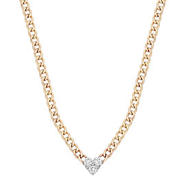 True Round Cut Diamond Heart Pendant Cuban Chain Necklace Yellow Gold