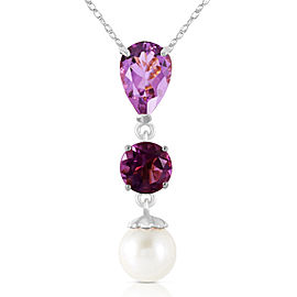 5.25 CTW 14K Solid White Gold Necklace Purple Amethyst Cultured Pearl