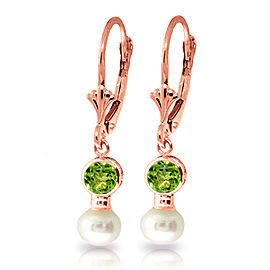 5.2 CTW 14K Solid Rose Gold Leverback Earrings Cultured Pearl Peridot