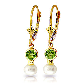 5.2 CTW 14K Solid Gold Leverback Earrings Cultured Pearl Peridot