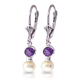 5.2 CTW 14K Solid White Gold Leverback Earrings Cultured Pearl Amethyst